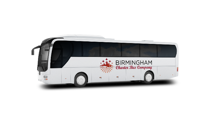a plain white charter bus with a "Birmingham Charter Bus Company" logo